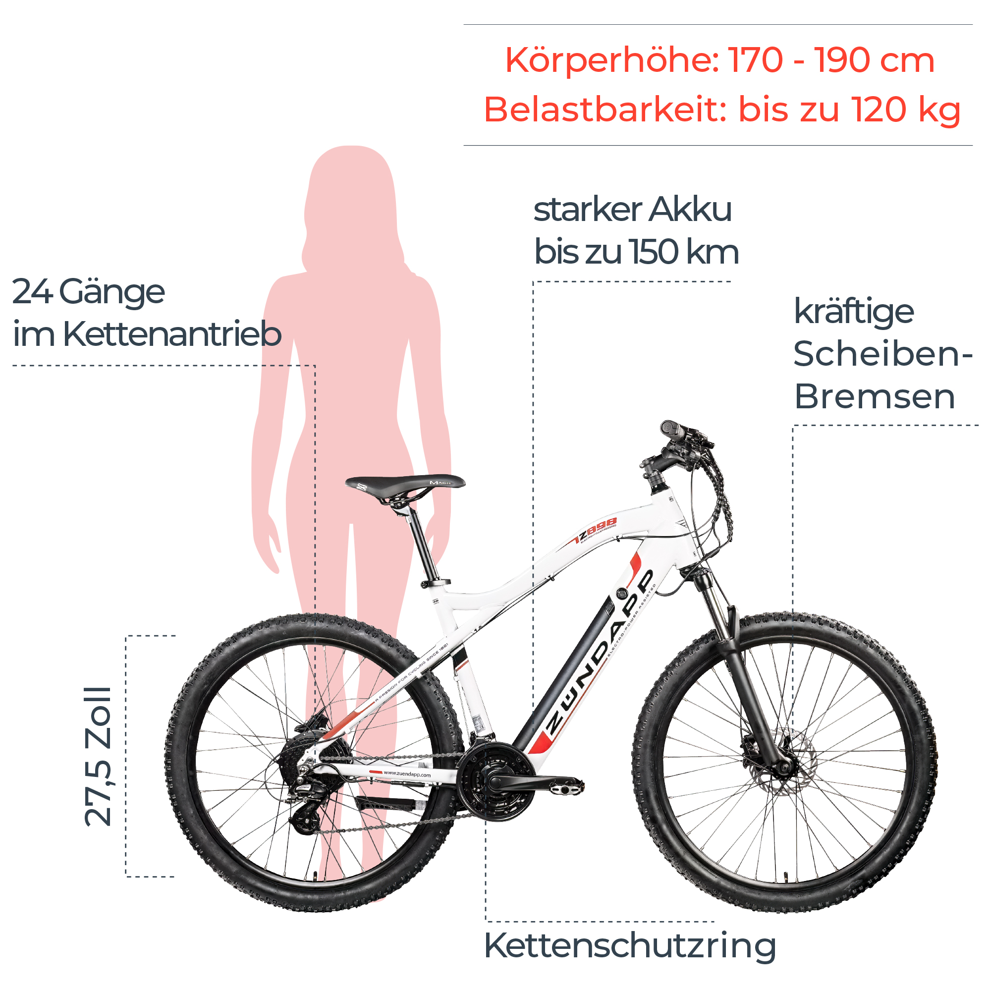 Zündapp Z898 E-Bike Hardtail Pedelec Zoll Fahrräder Scheibenbremsen 24 190 Mountainbike Gang cm E MTB 27,5 170 - Elektro