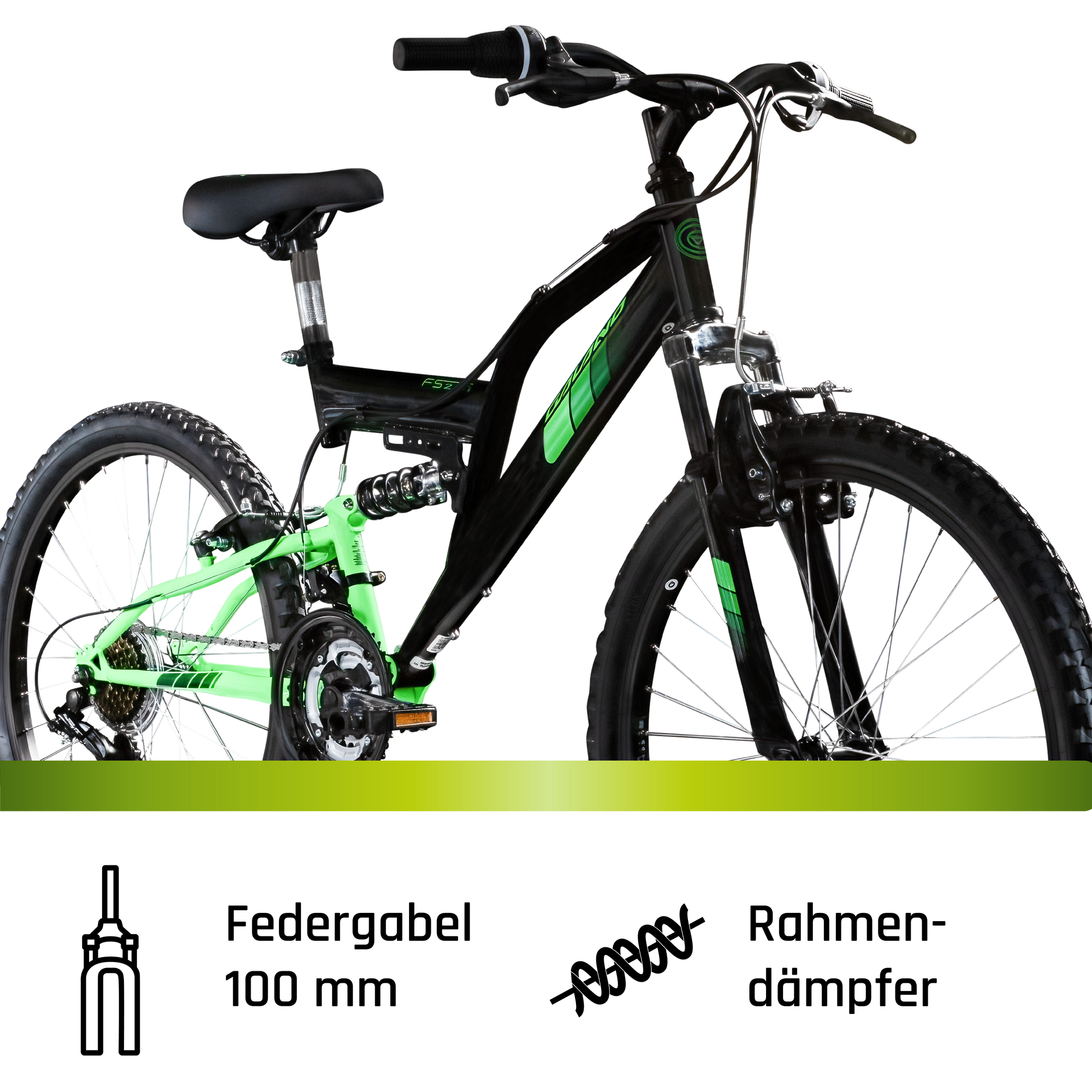 Galano FS240 Jugendfahrrad 24 Zoll Mountainbike ab 8 Jahre 130 - 145 cm 21  Gnge schwarz/grn | pentagonsports.de