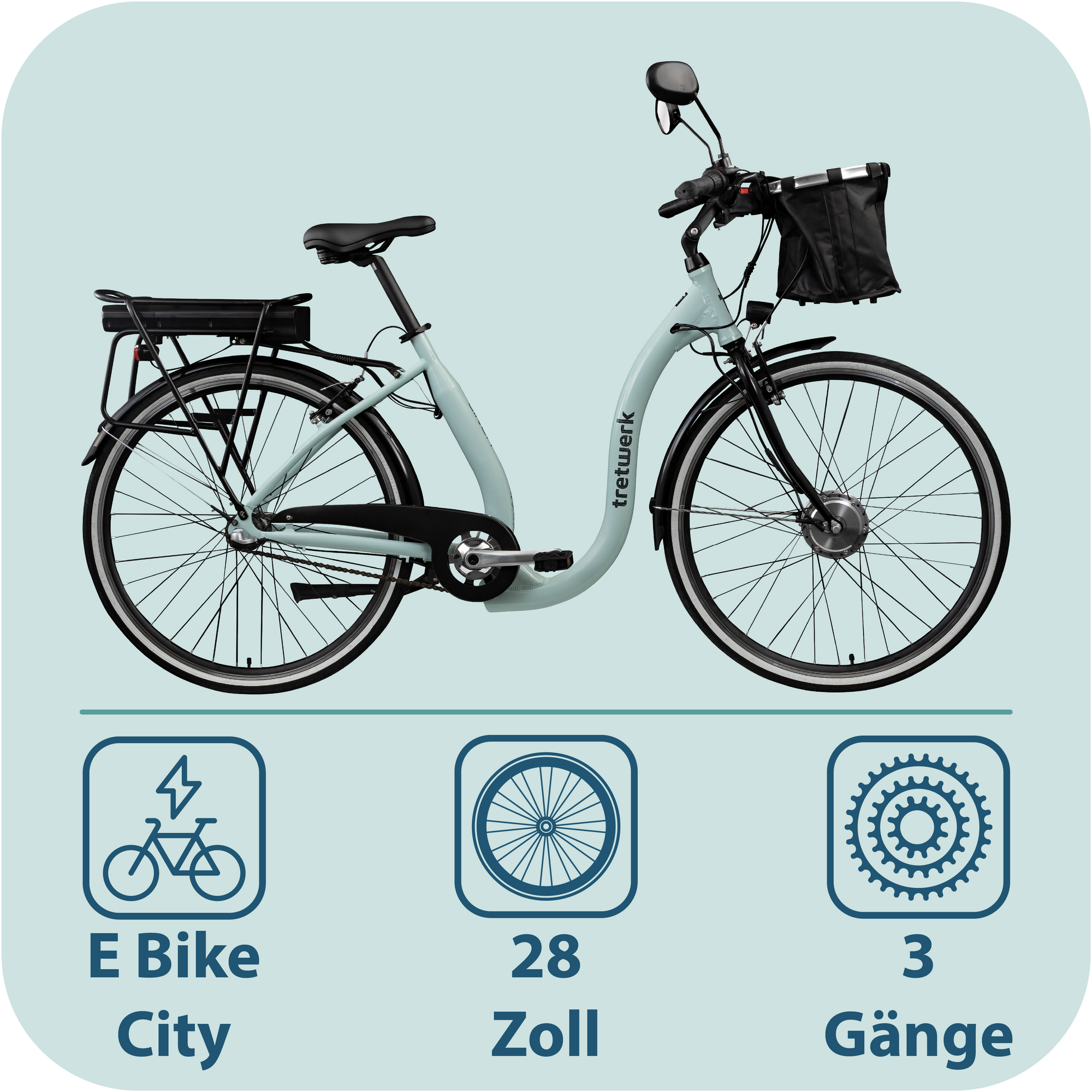 Tretwerk Linea 28 Zoll E Bike Damen Pedelec 3 Gang Nabenschaltung Elektro  Fahrrad Citybike retro Tiefeinsteiger hellblau | pentagonsports.de